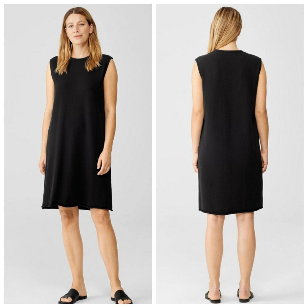 Eileen Fisher Black Sleeveless Mock Neck Shift Dress Size Medium Orig $198